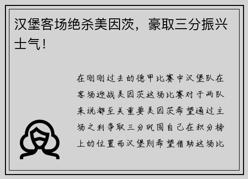汉堡客场绝杀美因茨，豪取三分振兴士气！