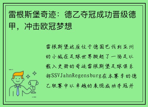 雷根斯堡奇迹：德乙夺冠成功晋级德甲，冲击欧冠梦想