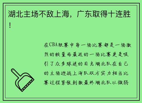 湖北主场不敌上海，广东取得十连胜！