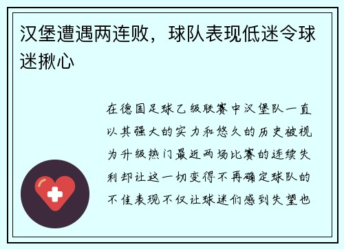 汉堡遭遇两连败，球队表现低迷令球迷揪心