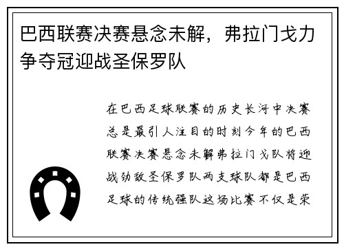 巴西联赛决赛悬念未解，弗拉门戈力争夺冠迎战圣保罗队