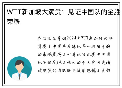 WTT新加坡大满贯：见证中国队的全胜荣耀
