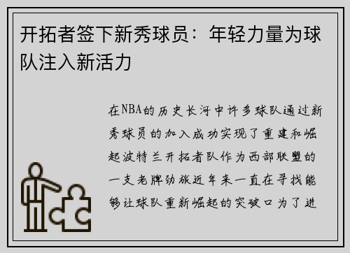 开拓者签下新秀球员：年轻力量为球队注入新活力