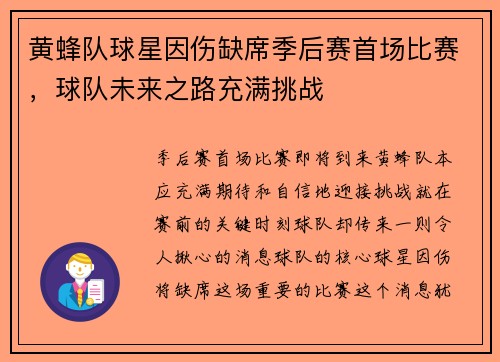黄蜂队球星因伤缺席季后赛首场比赛，球队未来之路充满挑战